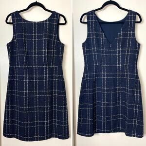 NWT FLORA BEA DRESS L SHEATH NAVY BLUE GOLD SLEEVELESS ZOIE TWEED SHORT COCKTAIL